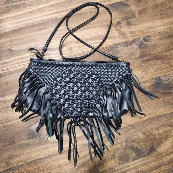 The Sak Handbags - The Sak Filmore Leather 3 in 1 Black Clutch Shoulder Crossbody Woven With Fringe